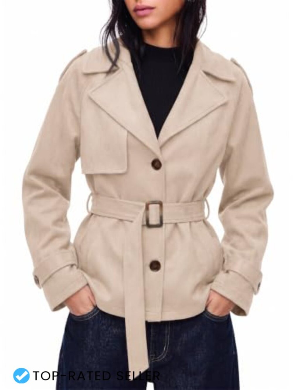 Faux Suede Short Trench Coat with Belt Button Down Casual Jacket